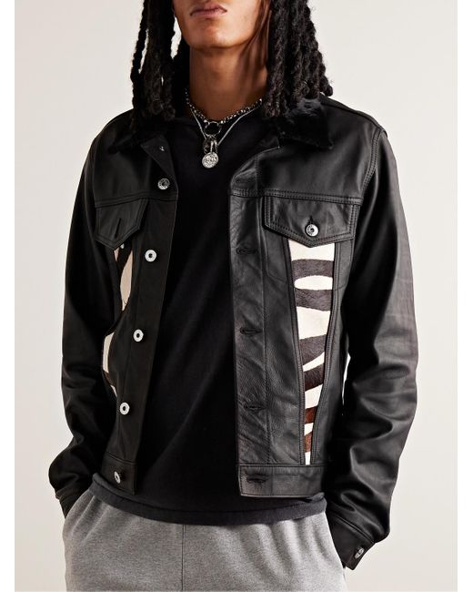 GALLERY DEPT. Black Calf Hair-trimmed Embroidered Leather Trucker Jacket for men