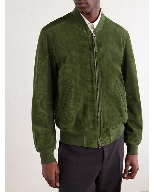 Tom Ford Green Perforated Suede Bomber Jacket for men