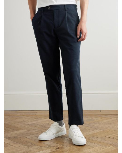 Mr P. Blue Daniel Tapered Pleated Organic Cotton-blend Moleskin Trousers for men