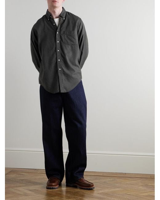 Orslow Gray Button-Down Collar Cotton And Lyocell-Blend Flannel Shirt for men