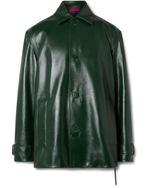 Gucci Green Logo-Embossed Belted Leather Jacket for men