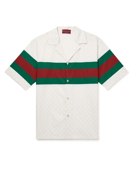 Gucci White Camp-collar Logo-print Striped Cotton-poplin Shirt for men