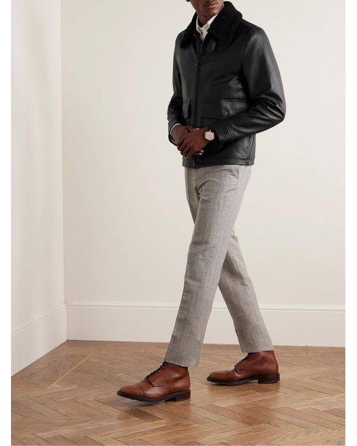 Kingsman Black Shearling-trimmed Full-grain Leather Jacket for men