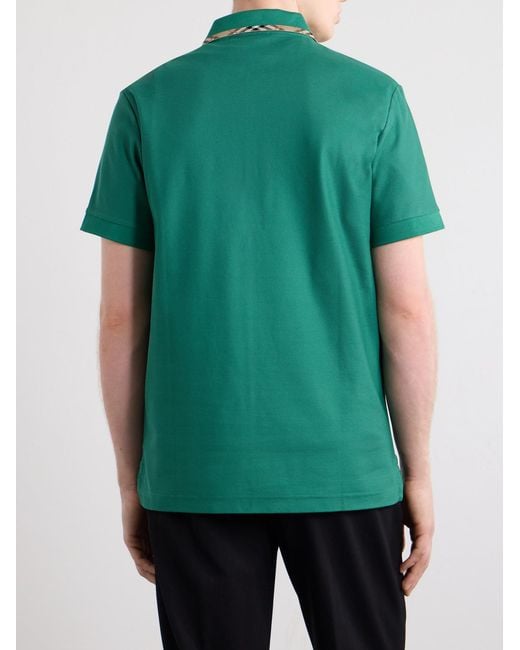 Burberry Green Logo-Embroidered Checked Cotton-Piqué Polo Shirt for men