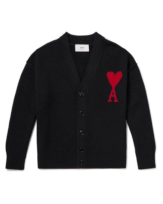 AMI Black Logo-Intarsia Virgin Wool Cardigan for men