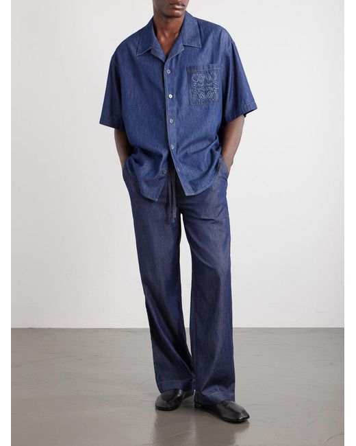 Loewe Blue Camp-Collar Anagram-Detail Denim Shirt for men
