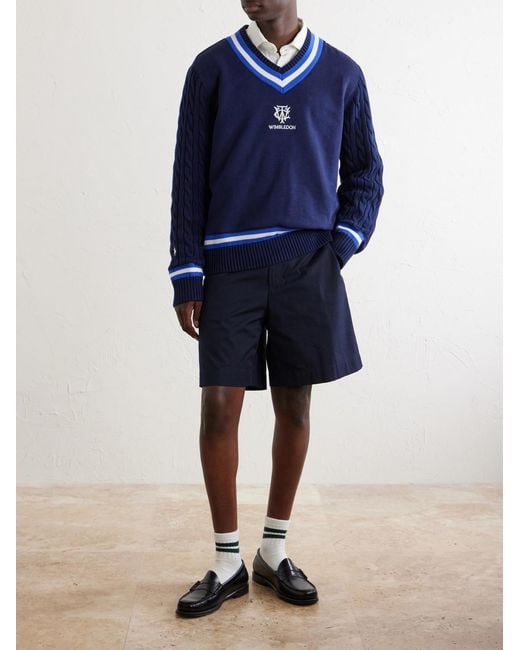 Polo Ralph Lauren Blue Wimbledon Logo-Embroidered Cable-Knit Cotton-Blend Fleece Sweater for men