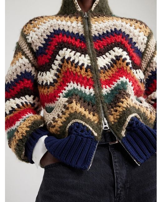 Sacai Red Striped Crocheted Zip-Up Cardigan for men