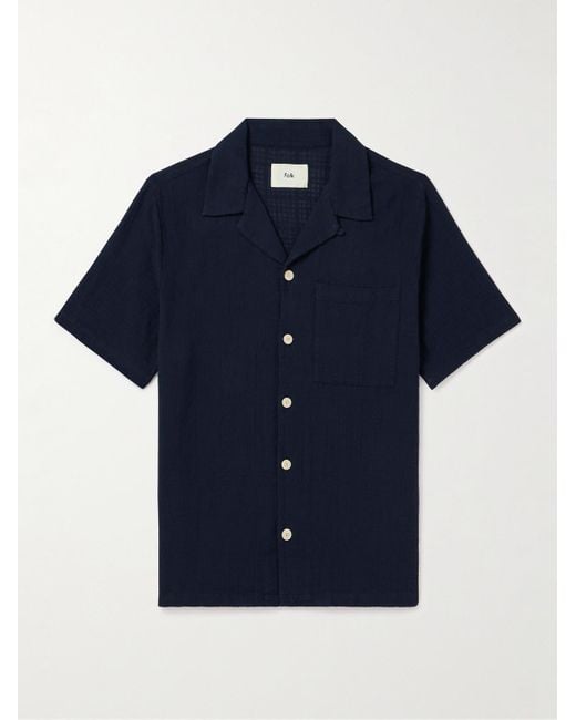 Folk Blue Convertible-collar Cotton-gauze Shirt for men