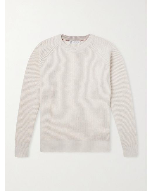 Brunello Cucinelli White Ribbed Cotton Sweater for men
