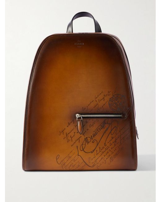 Berluti Brown Working Day Scritto Venezia Leather And Twill Backpack for men