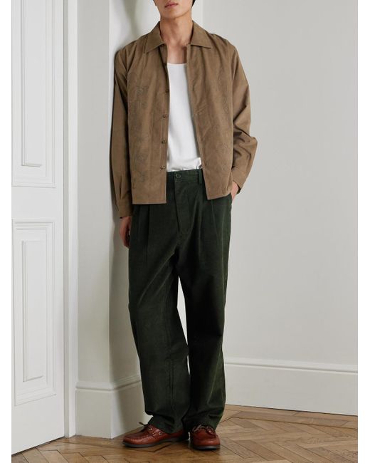 Kardo Green Antonio Straight-Leg Embroidered Cotton-Corduroy Trousers for men