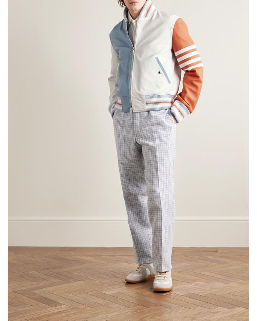 Thom Browne Blue Colour-block Striped Full-grain Leather Blouson Jacket for men