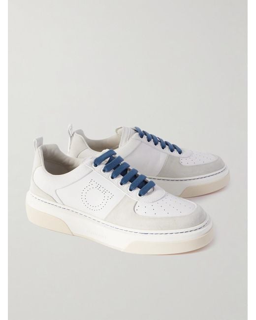 Ferragamo White Suede-trimmed Perforated Leather Sneakers for men