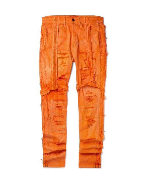 EV BRAVADO Orange Skinny-fit Strap-detailed Distressed Denim Jeans for men