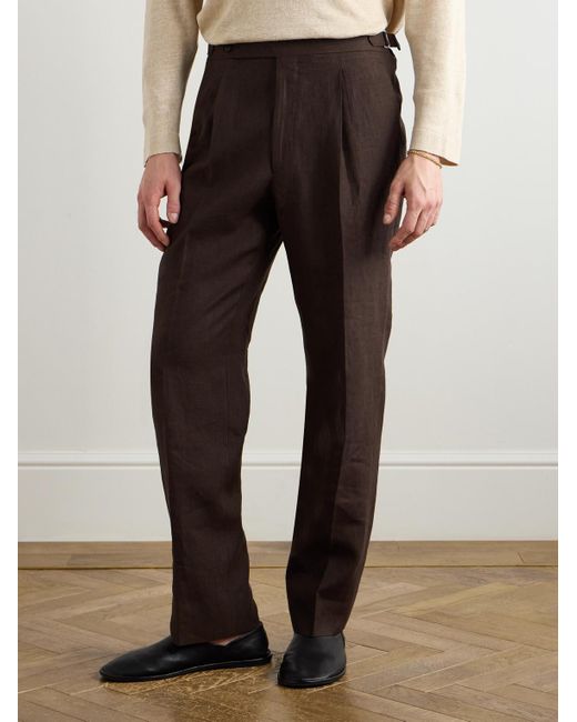 STÒFFA Brown Straight-Leg Pleated Linen Trousers for men