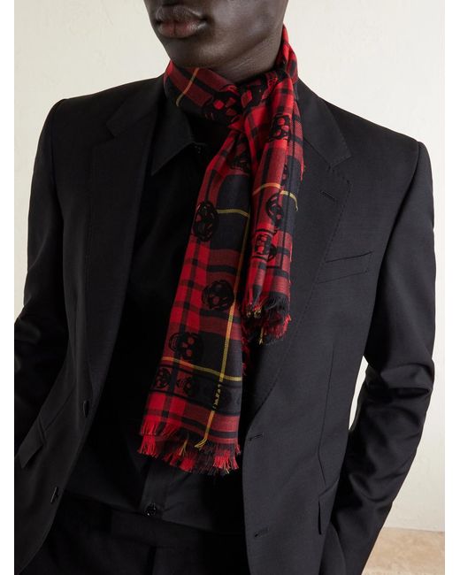 McQueen Red Fringed Checked Wool And Silk-blend Scarf for men