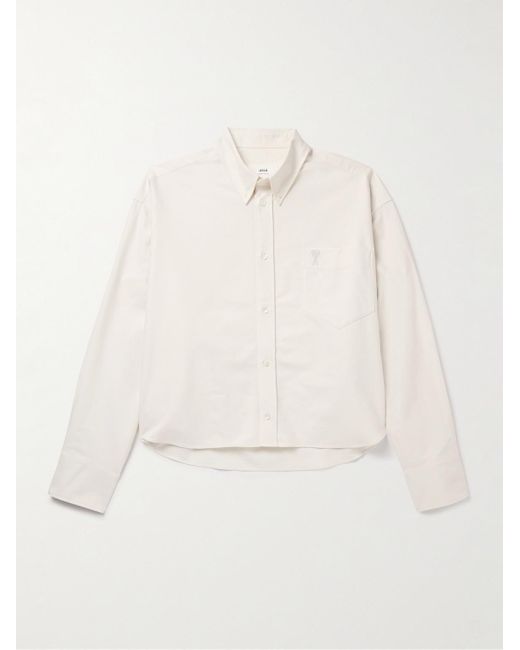 AMI Natural Oversized Cropped Button-down Collar Logo-embroidered Cotton Oxford Shirt for men