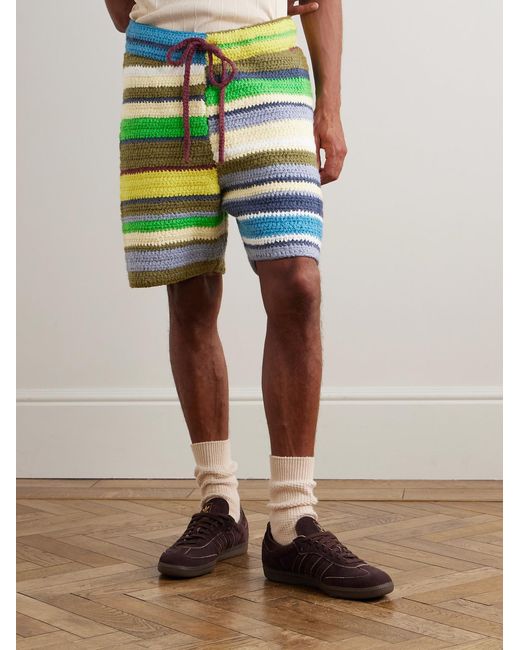 The Elder Statesman Green Straight-Leg Striped Crocheted Organic Cotton Drawstring Shorts for men