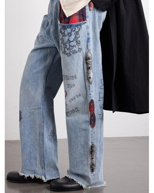 Satoshi Nakamoto Blue Nessa Wide-Leg Printed Embellished Jeans for men