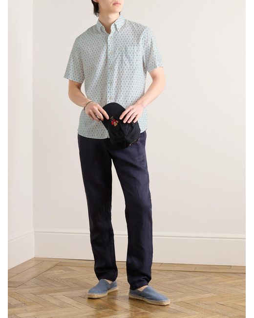 Faherty Brand White Breeze Button-Down Collar Printed Linen-Blend Shirt for men