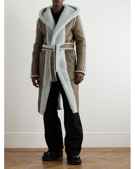 Rick Owens Gray Belted Shearling Hooded Coat for men
