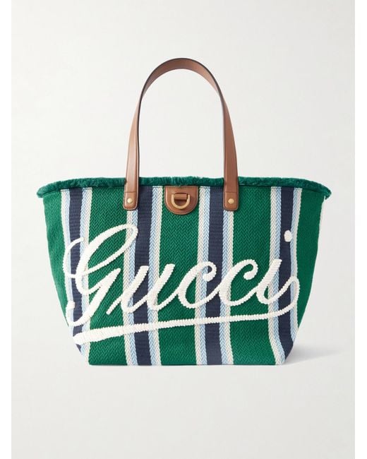 Gucci Gestreifte Tote aus Webstoff mit Lederbesatz und Logostickerei in Green für Herren