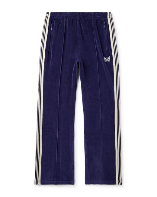 Needles Blue Flared Webbing-trimmed Logo-embroidered Cotton-blend Velour Track Pants for men