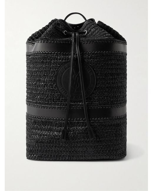 Saint Laurent Black Rive Gauche Logo-Debossed Leather-Trimmed Raffia Backpack for men