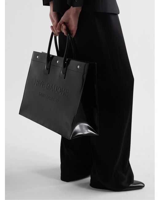 Saint Laurent Black Rive Gauche Logo-embossed Glossed-leather Tote Bag for men