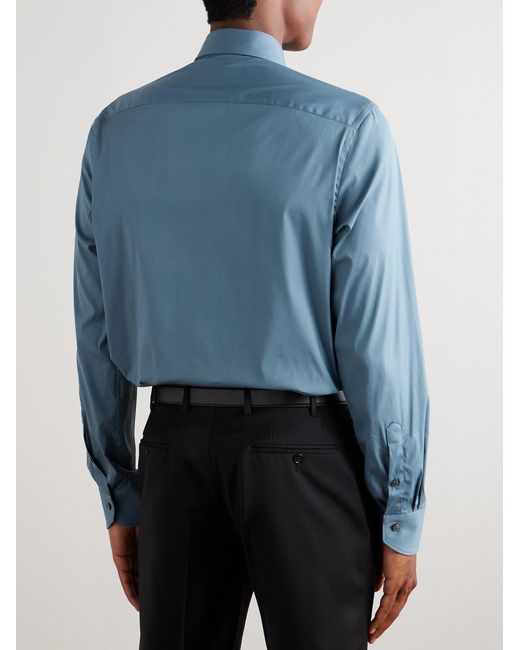 Canali Blue Spread-Collar Cotton-Blend Poplin Shirt for men