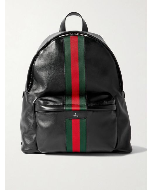 Gucci Black Large Striped Webbing-Trimmed Leather Backpack for men