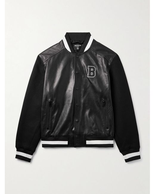 Balmain Black Logo-Appliquéd Leather And Wool Varsity Jacket for men