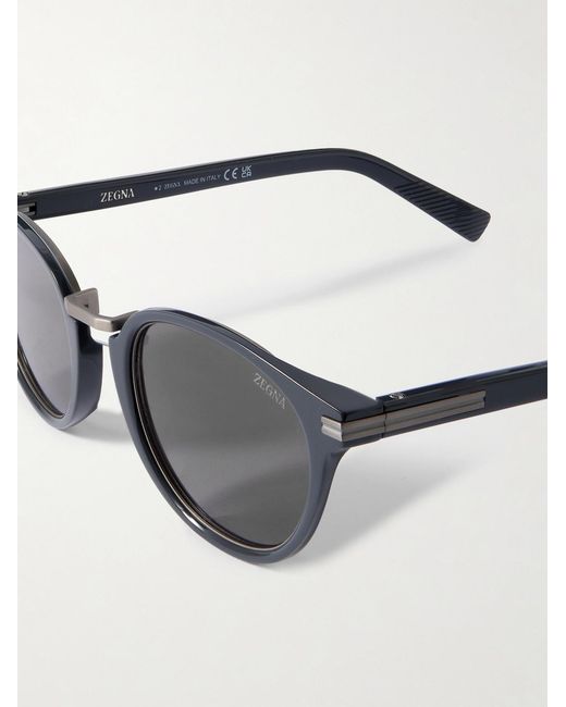 Zegna Gray Round-frame Acetate And Gunmetal-tone Sunglasses for men