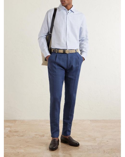 Eleventy Blue Flat Front Chino Linen Trousers for men