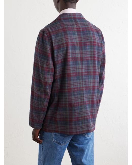 Drake's Blue Madras Games Checked Linen-Blend Blazer for men