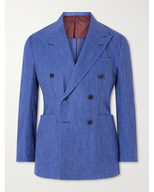 Double-Breasted Linen And Wool-Blend Suit Jacket di Rubinacci in Blue da Uomo