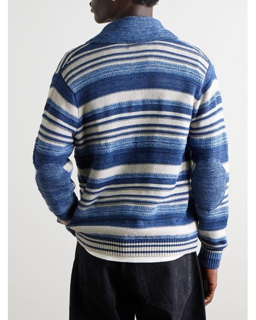 RRL Blue Shawl-Collar Striped Cotton And Linen-Blend Cardigan for men