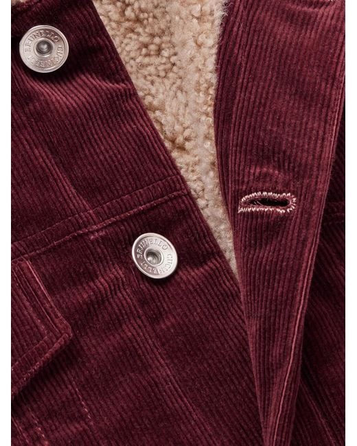 Giacca in velluto a coste di misto cotone con fodera in shearling di Brunello Cucinelli in Red da Uomo