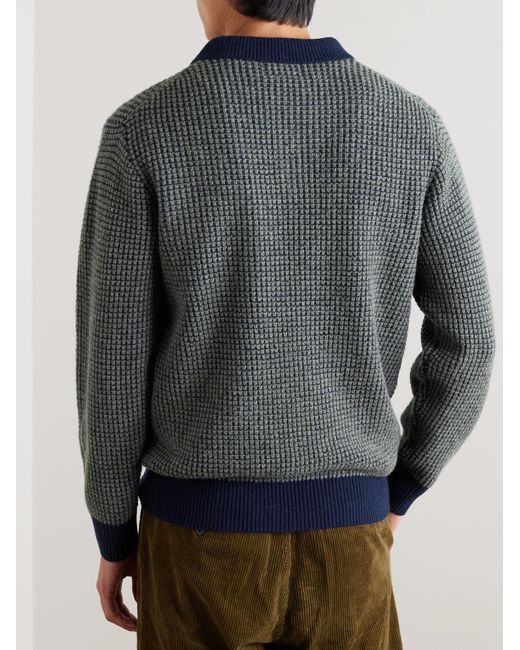 Beams Plus Blue Waffle-knit Wool Polo Sweater for men
