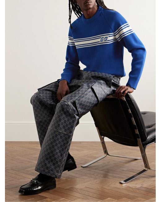 Pullover in lana con righe e logo applicato di Gucci in Blue da Uomo