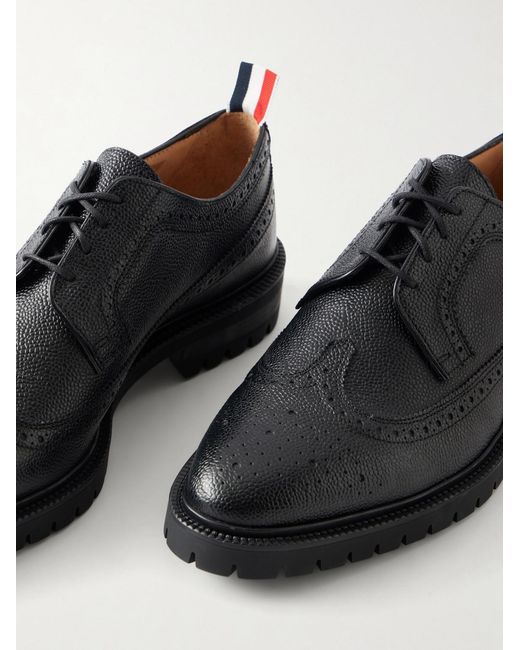 Thom Browne Black Longwing Pebble-Grain Leather Brogues for men