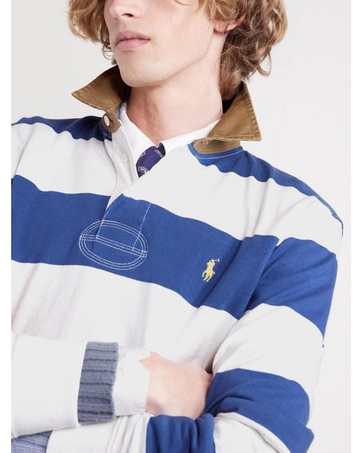 Polo Ralph Lauren Blue Logo-Embroidered Striped Cotton-Jersey Rugby Shirt for men