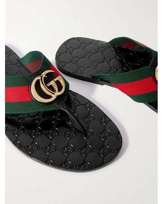 Gucci Black Riviera Logo-Embellished Striped Webbing-Trimmed Leather Sandals for men
