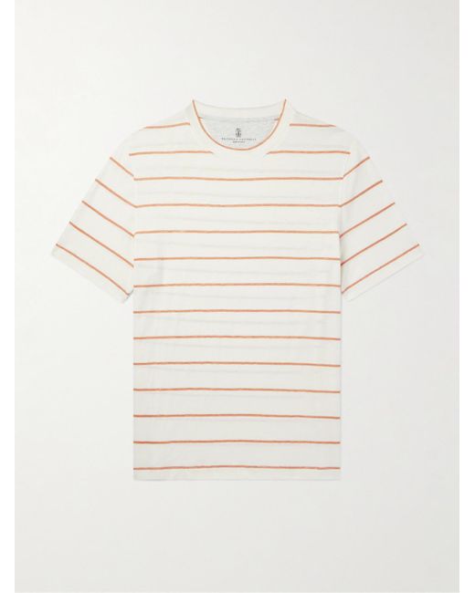 T-shirt in misto lino e cotone a righe di Brunello Cucinelli in Natural da Uomo