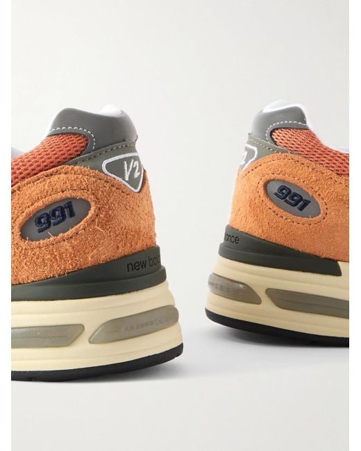 New Balance Orange 991V2 Mesh And Leather-Trimmed Suede Sneakers for men