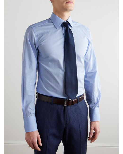 Tom Ford Blue Slim-Fit Cutaway-Collar Checked Cotton-Dobby Shirt for men