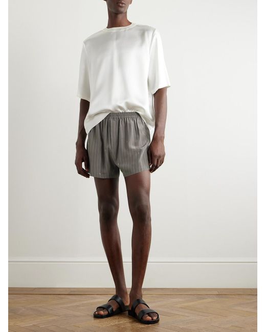 Saint Laurent Gray Straight-Leg Logo-Print Pinstriped Silk Shorts for men