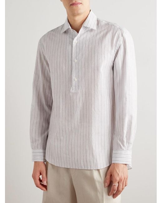 Loro Piana White Raffaele Striped Cotton And Linen-blend Half-placket Shirt for men