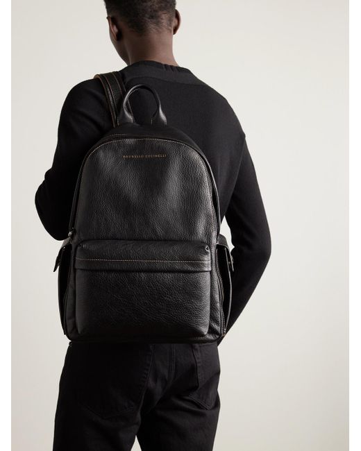 Brunello Cucinelli Black Full-grain Leather Backpack for men